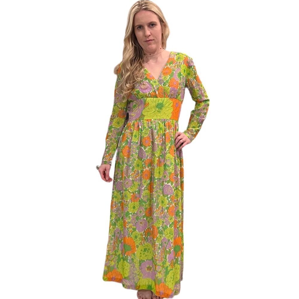 American Vintage Mid Century Floral Long Sleeve Maxi House Evening Dress  SM/MED